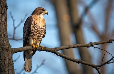 Obraz premium Sharp-shinned hawk perched on tree branch. Bird of prey, hunter in natural habitat. Brown feather plumage detail. Wildlife, nature theme photo. Hunting bird, predator with sharp beak, focused gaze.