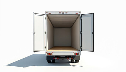 Empty truck trailer, rear view with open doors. White cargo box, delivery concept. Transportation, logistics industry, shipping, freight service. Commercial vehicle, auto transport.
