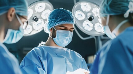 Male surgeon working in operating room with bright surgical lights and medical equipment. Surgery and medical procedure concept. Image for medical banner, poster, with copy space