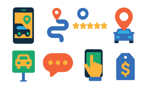 Flat vector icons of ride-sharing and apps: ride-hailing phone screen, shared route icon, passenger rating stars, car arrival pin, pickup zone sign, in-app chat bubble, ride request icon, fare