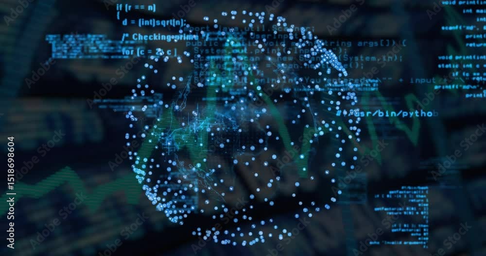Aufkleber After activation, digital globe rotating with nodes while code snippets scrolling for realtime data