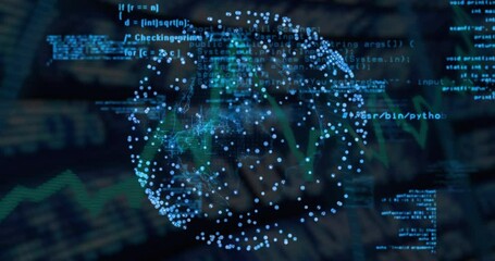 After activation, digital globe rotating with nodes while code snippets scrolling for realtime data - Powered by Adobe