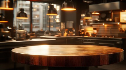 Obraz premium Round wooden table in a dark kitchen setting.