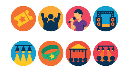 Flat vector icons of concerts and live music: concert ticket, crowd cheering, guitar icon, stage speakers, singer with mic, festival lights, wristband, front-stage view.