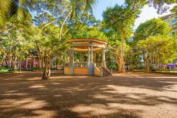 A small temple gazebo in the center of the 19th century Plaza del Príncipe de Asturias park, in the historic center of Santa Cruz de Tenerife Spain, on the Canary island of Tenerife.