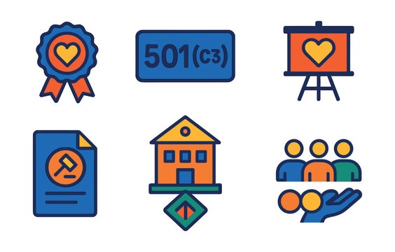 Flat vector icons of nonprofit organizations: nonprofit badge, 501(c)(3) icon, organization building, charity board, legal document icon, mission-driven logo, nonprofit team, values icon.