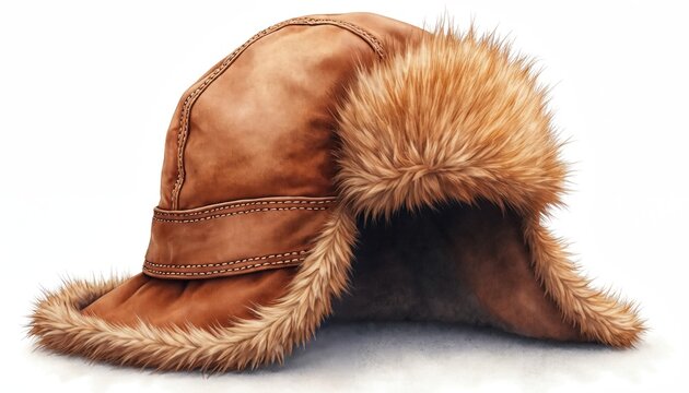 Warm trapper hat with ear flaps for winter adventures. Faux fur, leather texture, cozy accessory. Perfect for snowy days, skiing, snowboarding, outdoor activities. Trendy headwear for men and women.