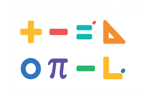 Flat vector icons of mathematical shape symbols: plus sign, minus sign, equal sign, angle icon, degree circle, pi symbol, fraction bar, geometric notation mark.