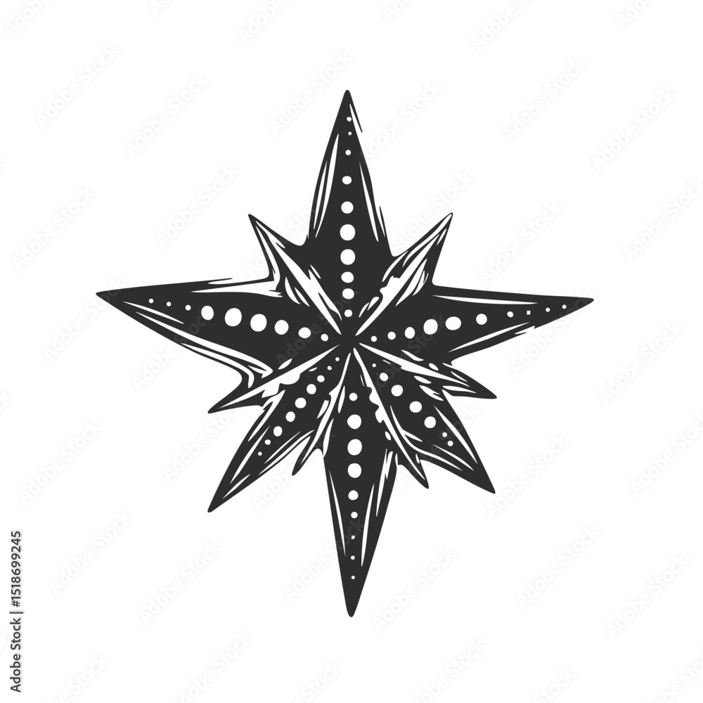 Poster eight-pointed star with dotted pattern silhouette illustration. symbol of guidance and navigation is