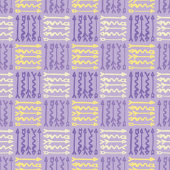 Square arrow repeating background illustration. Doodle pointers seamlessly vector pattern in yellow and purple.