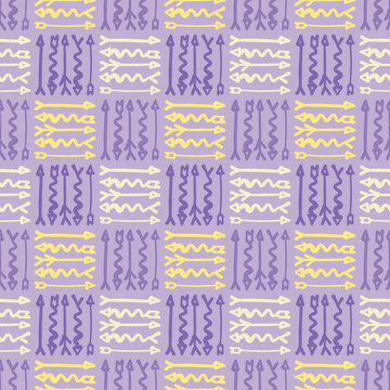 Square arrow repeating background illustration. Doodle pointers seamlessly vector pattern in yellow and purple.
