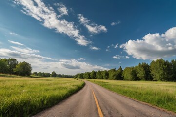 Naklejka premium empty road stretches under bright summer blue sky, flanked by lush greenery and vibrant grass, freedom and adventure