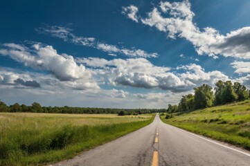 Fototapeta premium empty road stretches under bright summer blue sky, flanked by lush greenery and vibrant grass, freedom and adventure