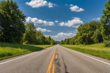 Fototapeta premium empty road stretches under bright summer blue sky, flanked by lush greenery and vibrant grass, freedom and adventure