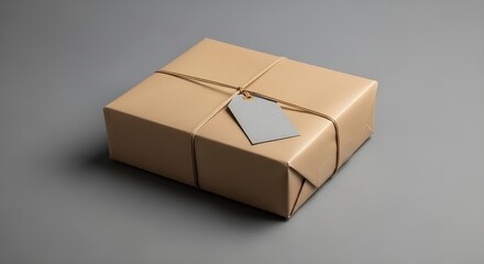  Rustic Brown Kraft Wrapped Present with Gray Tag on Neutral Background
