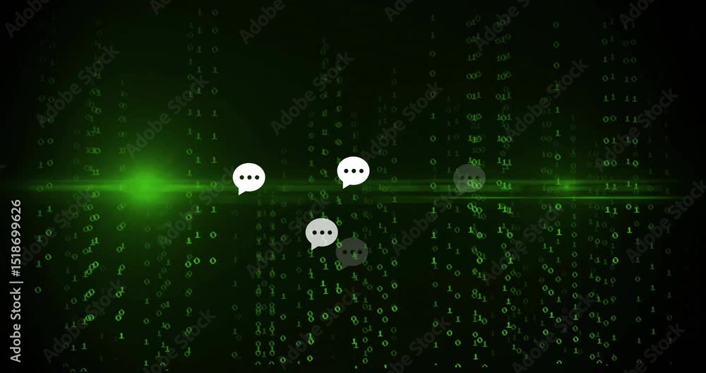 Poster when green binary streams intensifying, chat icons clustering under flare showing messaging network