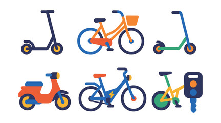Flat vector icons of personal transport: electric scooter, bicycle with basket, kick scooter, personal car, moped, e-bike, folding bike, car key.