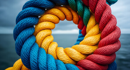 Colorful ropes intertwined in circle showing unity, teamwork. Diverse ropes connected represent business metaphor for partnership synergy. Image collective effort to achieve common goal with strong