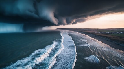 Epic Storm Clouds Over Coastal Waters Dramatic Aerial View
