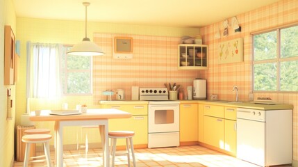 Fototapeta premium Sunny kitchen interior design with pastel colors.