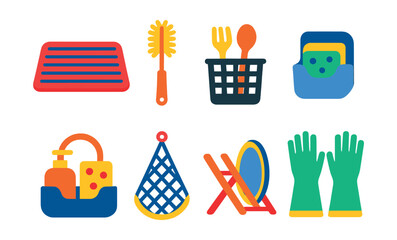 Flat vector icons of utensil cleaning and storage: dish drying mat, bottle brush, utensil basket, scrub sponge holder, sink caddy, drying net, folding dish rack, sponge gloves.