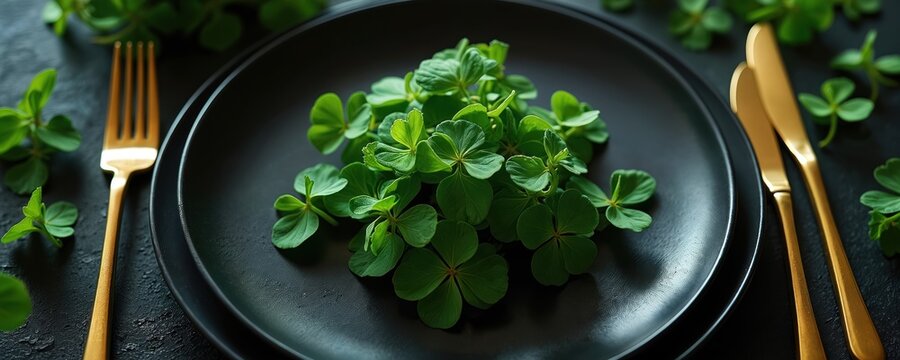 Shamrocks arranged on black plate with gold cutlery. Rustic dinner table set. Overhead view. Fresh shamrocks served as food on St. Patrick Day. Celebration, holiday, luck, spring, dinner, top view