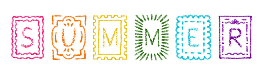 Crayon text Summer in frames with cute borders. Kids pastel art with rainbow letters in squiggly frames with curvy edges. Crayon sketch with text Summer, vector illustration