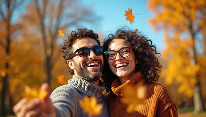 Happy couple enjoys autumn season in park. Man, woman wearing glasses. Smiling faces. Falling yellow leaves in sunny weather. Golden fall colors, blue sky background. Love, happiness, relationship