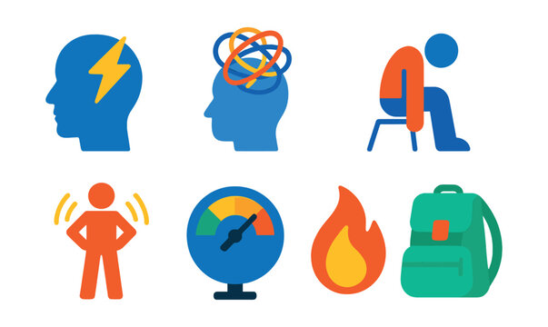 Flat vector icons of stress and burnout: head with lightning, tangled lines over head, slumped body icon, overwork clock, tension posture, pressure gauge, burnout flame, heavy backpack symbol.