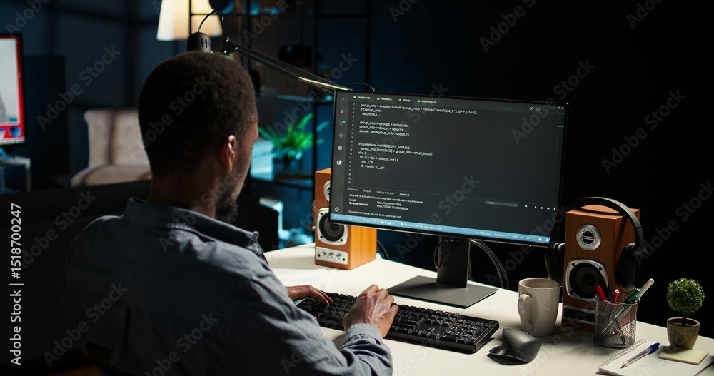 Poster african american expert at desk using pc for programming and data analysis. young networking expert 