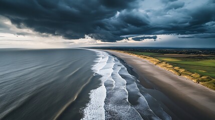 Dramatic Coastal Scene Dark Clouds over Ocean Beach