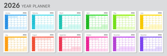 Work planner with 2026 year calendar. Blank schedule grid for daily and monthly agenda. Planner template for 2026 year with rainbow colors. Calender for notes, vector illustration