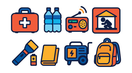 Flat vector icons of disaster preparedness: emergency kit, bottled water stack, weather radio, storm shelter symbol, flashlight and battery, emergency blanket, generator icon, go-bag backpack.