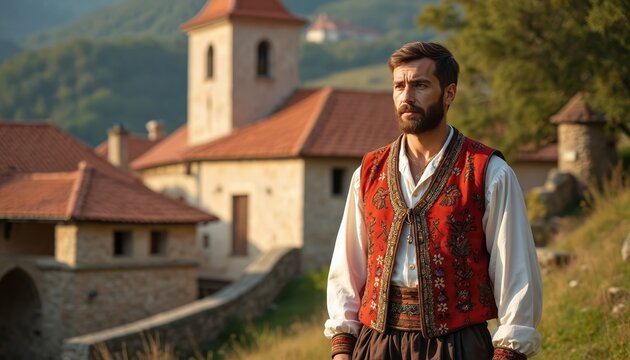Fototapeta Man dressed in traditional Croatian folk costume stands against historic stone village background. Terracotta roofs, architectural details showcase heritage, culture. Rich colors vibrant attire,