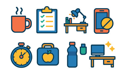 Flat vector icons of workplace habits and routines: morning coffee, daily agenda, desk tidy, phone on silent, break timer, lunchbox, water bottle, clean workspace.
