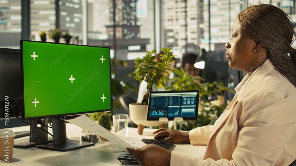 Poster employee at work using isolated screen pc display to finish project tasks. african american office c