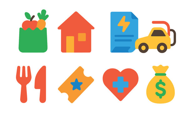 Flat vector icons of budgeting categories: groceries icon, rent/mortgage symbol, utilities bill, transportation fuel, dining out, entertainment ticket, health expenses, savings goal.
