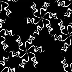 
Seamless pattern with abstract white flowers weaving ornament on a black background, for decorating your designs and prints on fabrics and packaging in an expressive ornamental style