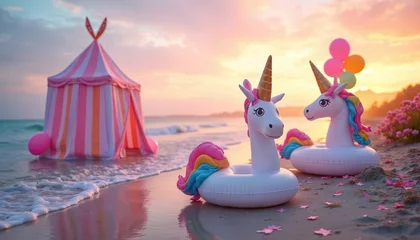 Pastel rainbow sunset seaside scene. Unicorn-themed party setup. Rainbow tents, pastel balloons, shimmering confetti. Beach, sea, summer, travel, landscape, vacation. Float, magical, glow, sky,