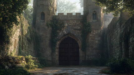 Fototapeta premium medieval castle gate with heavy wooden doors, towering stone walls, surrounded by lush greenery, inviting to step into history