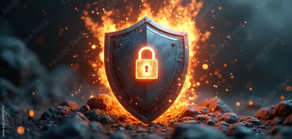 Poster illustration features shield with lock icon engulfed in flames, sparks. robust defense mechanisms in