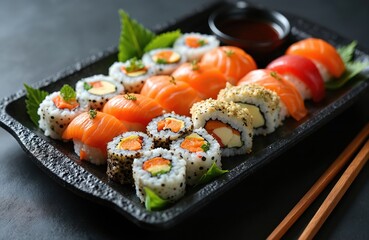 Sushi rolls with salmon, tuna, shrimp served on black tray with sauces. Fresh Japanese cuisine. Variety of sushi, maki, nigiri dishes. Asian restaurant food. Seafood, raw fish delicacy.