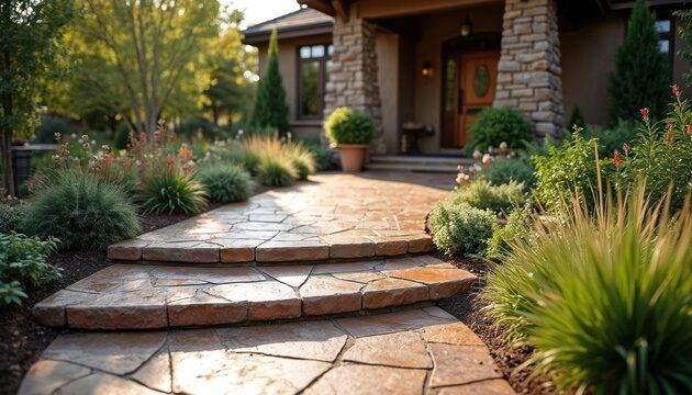 Elegant stamped concrete patio leads rustic home entrance. Natural flagstone design pathway. Lush green plants, garden landscape invite, surrounded by residential area, family home, outdoor living.