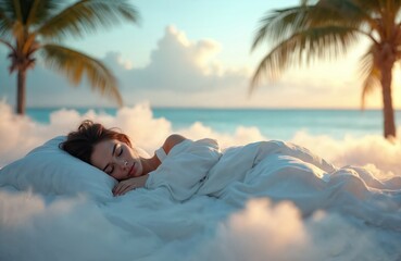 Woman sleeps peacefully. Calm caucasian female rests on white pillows, surrounded by fluffy clouds, palms on the shore, ocean view. Dreamy holiday vibe, rest, relaxation. Enjoying vacation escape.