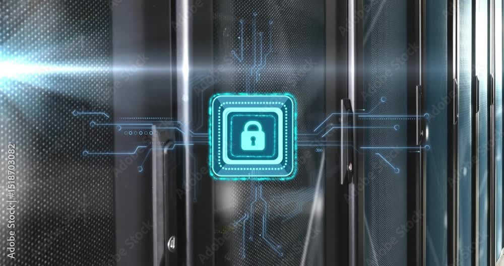 Poster neon-blue padlock fading in, pulsing and extending circuitry across racks showing data security