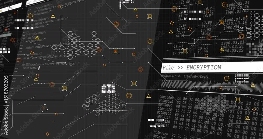 Poster blank ui drawing lines, adding red icons, showing code panels, animating encryption signal