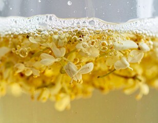 Macro shot of bubbles rising in elderflower ferment, close-up of floating blossoms

