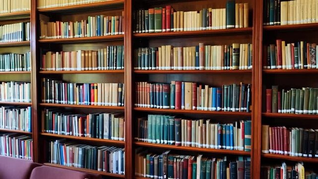 Wooden bookshelves filled with numerous hardback books