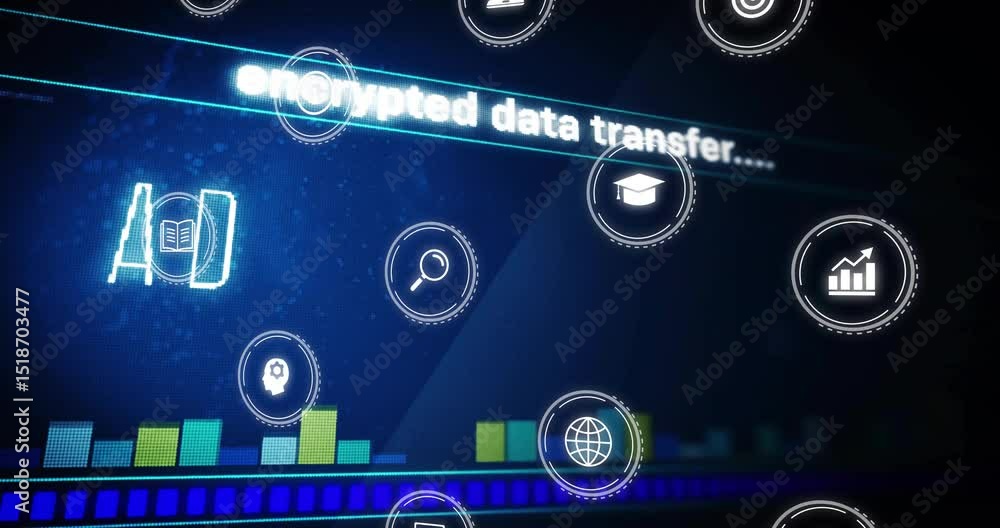 Poster digital ui loading icons fading and orbiting admin text with scrolling encrypted data transfer
