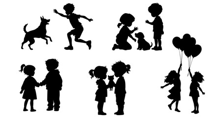 Stylish Silhouette Set of Kids Playing Together with Pets and Balloons